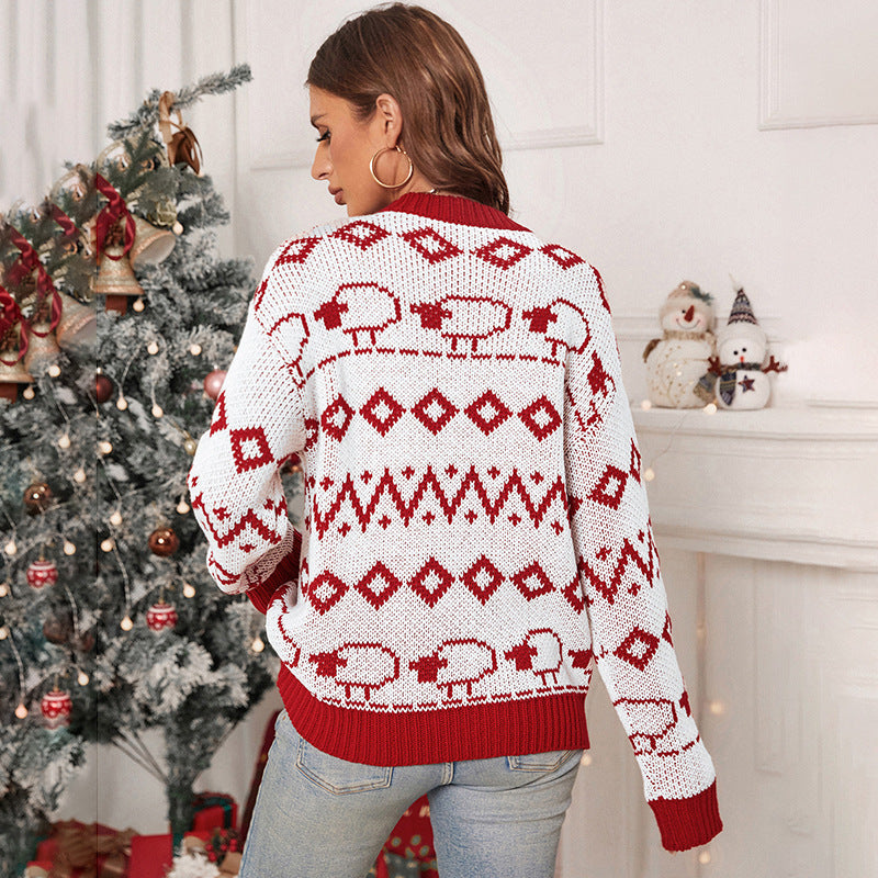 Damen Festlicher Jacquard-Pullover mit Schafbordüre und gerippten Bündchen Shop Nory