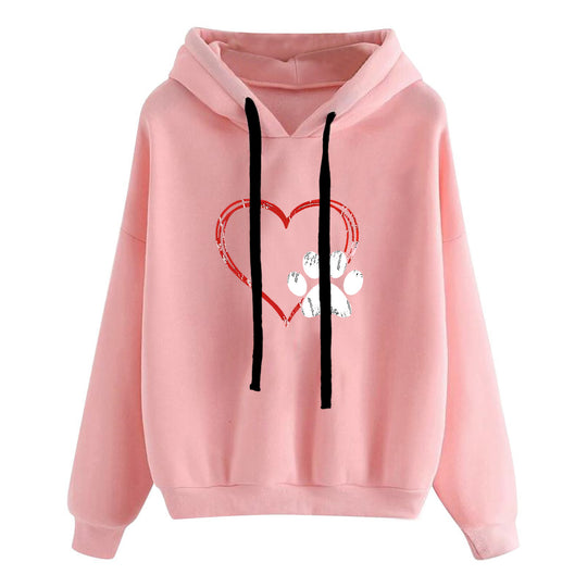 Damen nan lässiger Oversize Kapuzenpullover mit Herz‑und‑Pfotenprint, Kordelzug und gerippten Bündchen Shop Nory