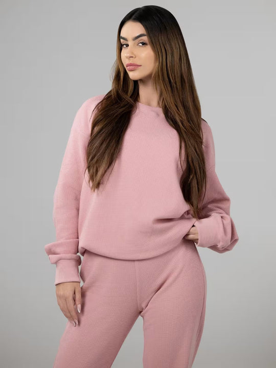 Damen geräumiges Waffelstrick-Loungewear-Set mit Rundhalsausschnitt und Tunnelzughose Shop Nory
