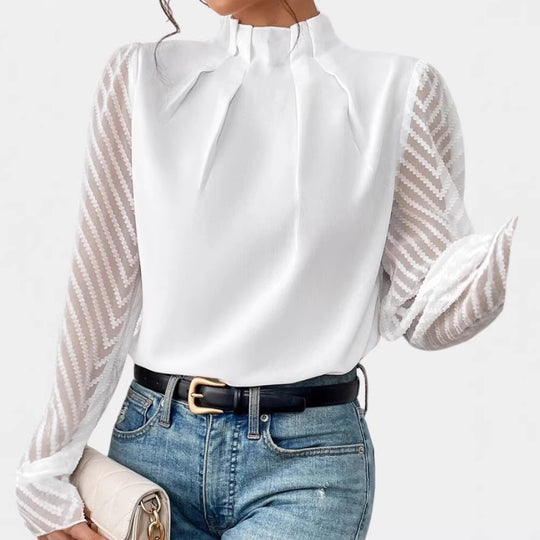 Damen Elegante Chiffonbluse mit Stehkragen, Faltenkante und transparenten Jacquard-Ärmeln Shop Nory