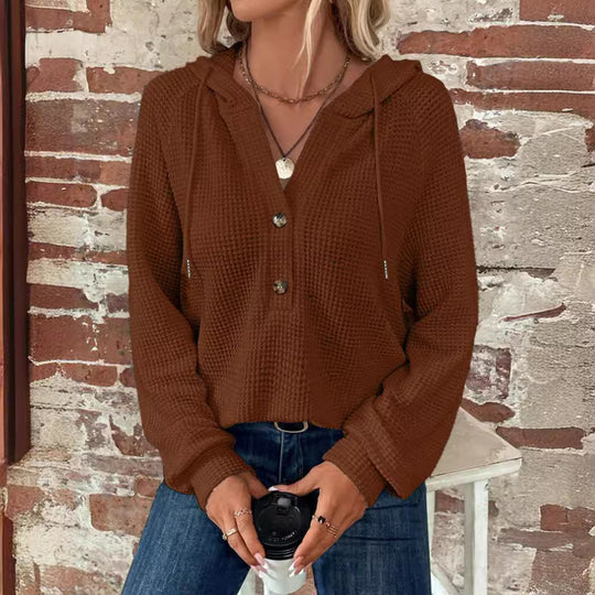 Damen Waffelstrick Kapuzenpullover mit Knopfleiste und Rüschenkragen Shop Nory
