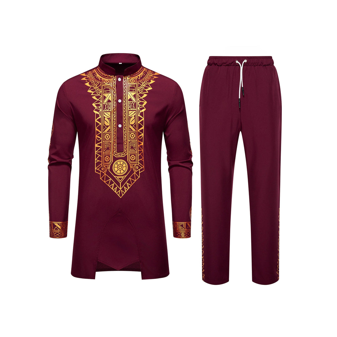 Herren Traditionelles Langarm-Kurta-Set mit Stehkragen, goldfarbenem Ornamentdruck und Tunnelzughose Shop Nory