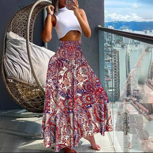 Damen Maxirock mit hohem Smockbund und weitem Boho-Print Shop Nory