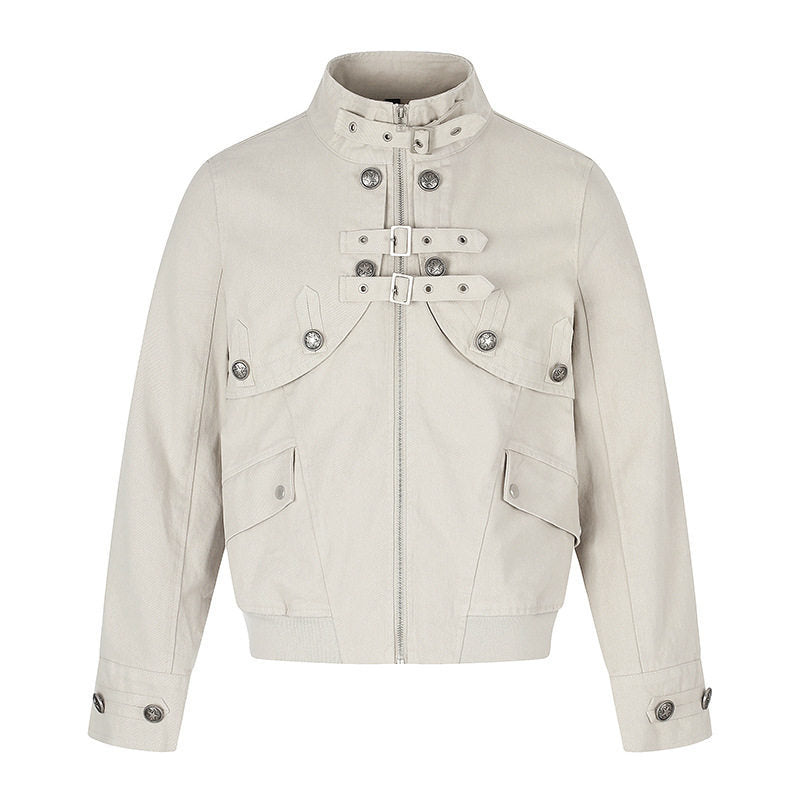 Damen Kurz geschnittene taillierte Bomberjacke mit Stehkragen, Zierschnallen und Pattentaschen Shop Nory