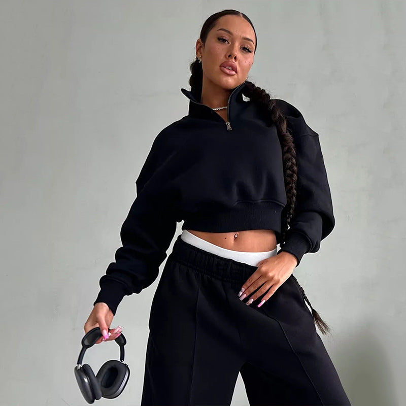 Damen Zweiteiliges Cropped-Halbzip-Sweatset mit Stehkragen und elastischer High-Waist-Jogginghose Shop Nory