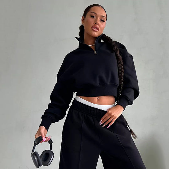 Damen Zweiteiliges Cropped-Halbzip-Sweatset mit Stehkragen und elastischer High-Waist-Jogginghose Shop Nory