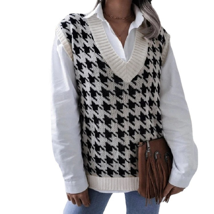 Damen Oversize Strickweste mit Hahnentritt-Muster und V-Ausschnitt Shop Nory