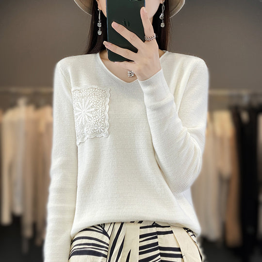 Damen Kaschmir‑Optik V‑Ausschnittpullover mit floraler Häkelapplikation Shop Nory