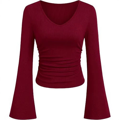 Damen Geripptes Cropped-Top mit V-Ausschnitt, taillierter Raffung und ausgestellten Trompetenärmeln Shop Nory