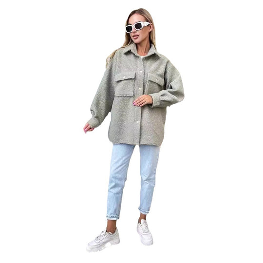 Damen Oversized Teddy-Übergangsjacke mit Brusttaschen und Druckknöpfen Shop Nory