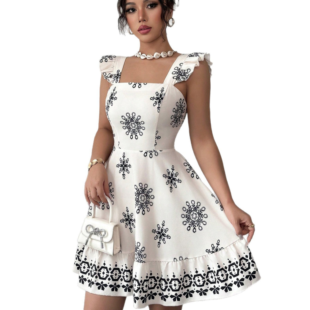 Damen Gestuftes Sommerkleid mit Quadrat-Ausschnitt, Rüschen-Trägern und bestickter A-Linie Shop Nory