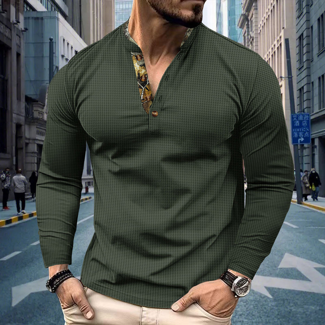 Herren nan langärmeliges Henley-Shirt mit Stehkragen und gemustertem Knopfleistenbesatz Shop Nory
