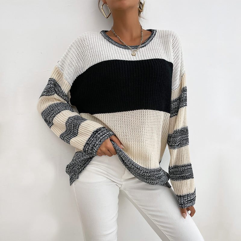 Damen Oversize Strickpullover mit grobem Rippstrick, Blockstreifen und weitem Rundhalsausschnitt Shop Nory