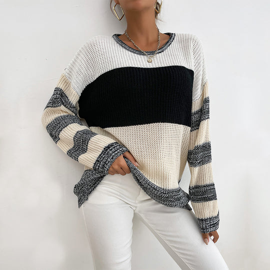 Damen Oversize Strickpullover mit grobem Rippstrick, Blockstreifen und weitem Rundhalsausschnitt Shop Nory
