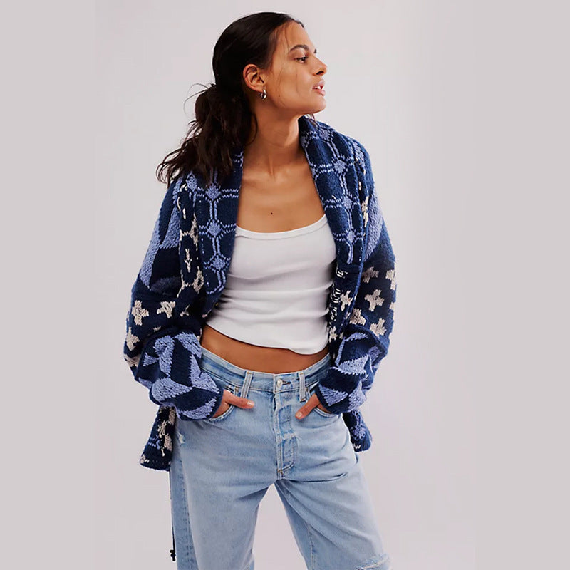 Damen Oversized Strickjacke mit Schalkragen und grafischem Muster Shop Nory