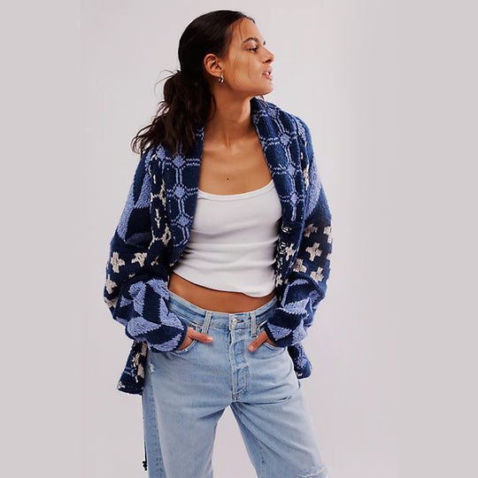 Damen Oversized Strickjacke mit Schalkragen und grafischem Muster Shop Nory