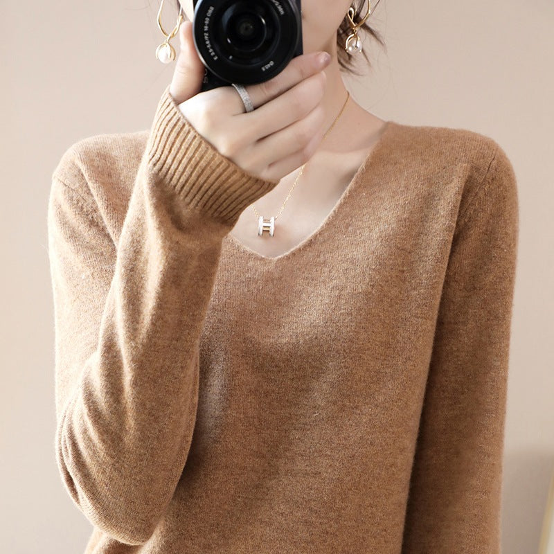 Damen V-Ausschnitt Pullover in Kaschmir-Optik mit legerem Schnitt und Rippbündchen Shop Nory
