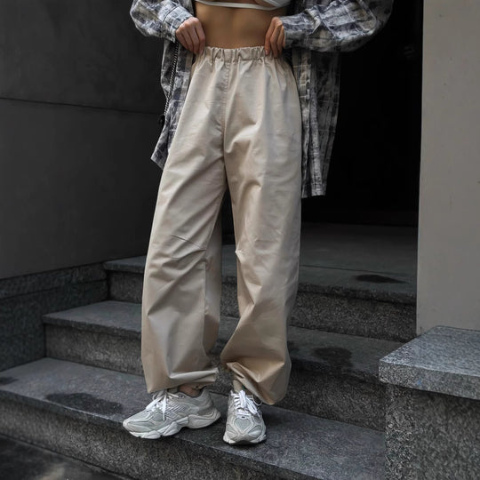 Damen weite hochgeschnittene Freizeithose mit elastischem Bund und tiefem Schritt Shop Nory