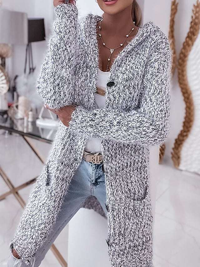 Damen Langer Mélange-Kuschelcardigan mit Kapuze, Hornknopf und Eingrifftaschen Shop Nory