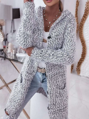Damen Langer Mélange-Kuschelcardigan mit Kapuze, Hornknopf und Eingrifftaschen Shop Nory