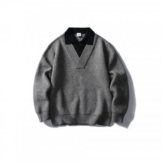 Herren Pullover mit Polo-Halbknopfblende, Oversize-Rippstrick und V-Ausschnitt-Detail Shop Nory