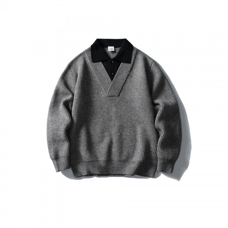Herren Strick-Polo-Pullover mit Oversize-Schnitt, V‑Einsatz und Kontrastkragen Shop Nory