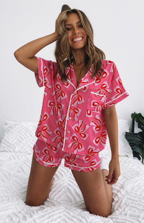 Damen Kurzarm-Pyjama-Set mit verspieltem Schleifenmuster