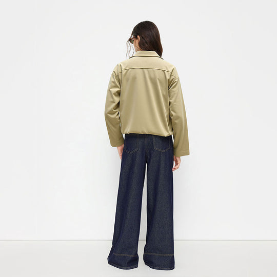 Damen kurze Oversize-Bomberjacke mit Reißverschluss, leichtem Kragen und elastischem Saum Shop Nory