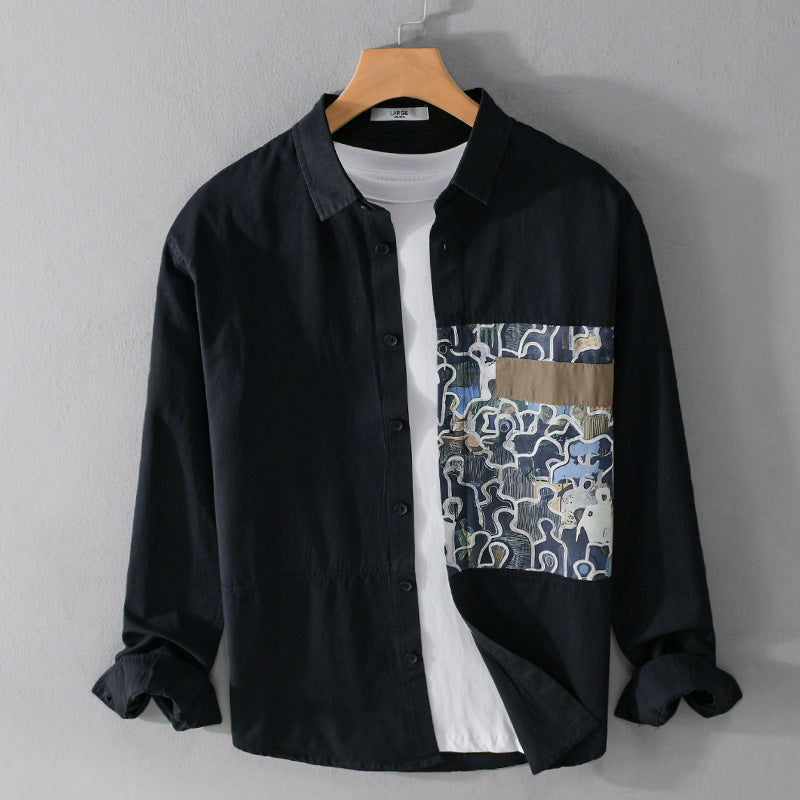 Herren Baumwollhemd mit großem Kunst-Print-Brustpatch und Kentkragen Shop Nory