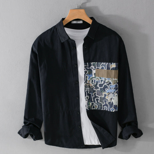 Herren Baumwollhemd mit großem Kunst-Print-Brustpatch und Kentkragen Shop Nory