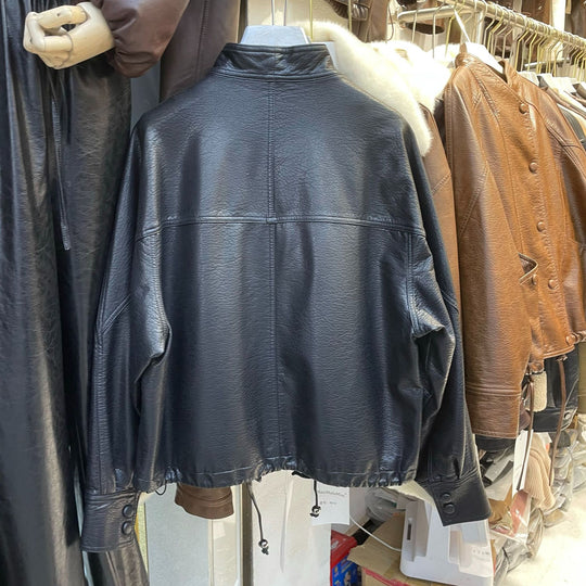 Damen Kurze Lederjacke mit strukturierter Narbung, Stehkragen und Tunnelzugbund Shop Nory