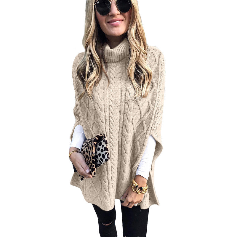 Damen nan kastiger Strickponcho mit hohem Rollkragen, Zopfstruktur und seitlichen Schlitzen Shop Nory