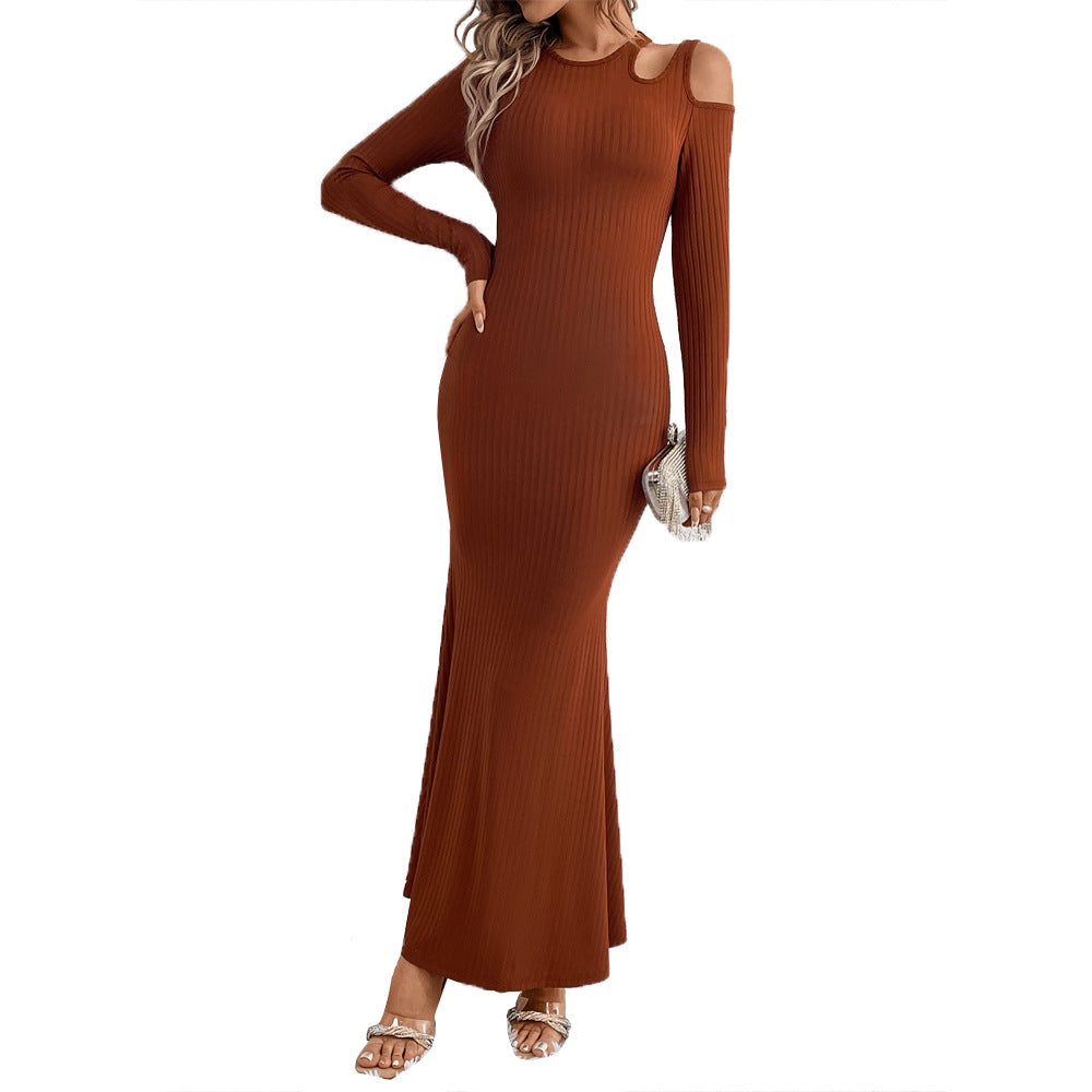 Damen geripptes Meerjungfrauen-Maxikleid mit Cold-Shoulder Cutouts, sculptender Passform und ausgestelltem Saum Shop Nory