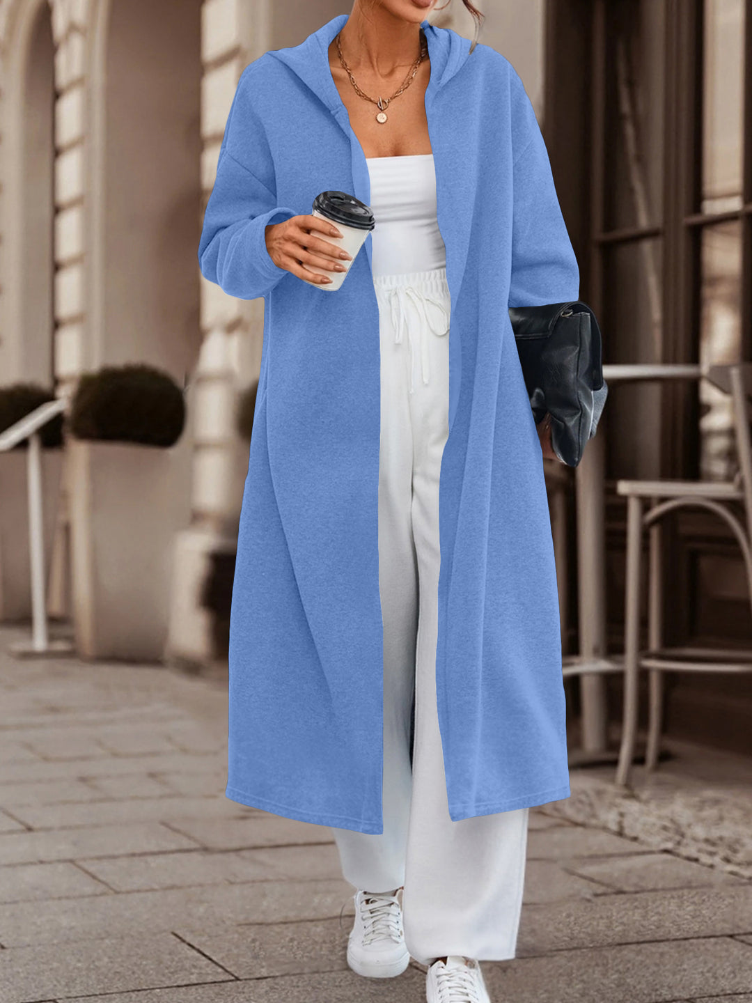 Damen Langer Oversize Kapuzenmantel mit offener Front und weichem Fleece Shop Nory