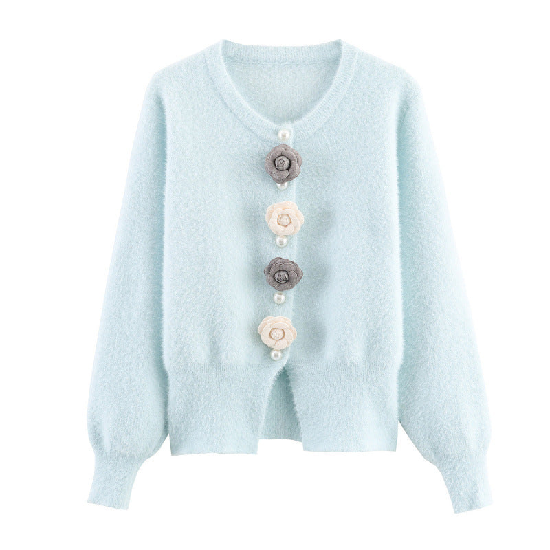 Damen stylische Strickjacke mit einzigartigen Blumenapplikationen