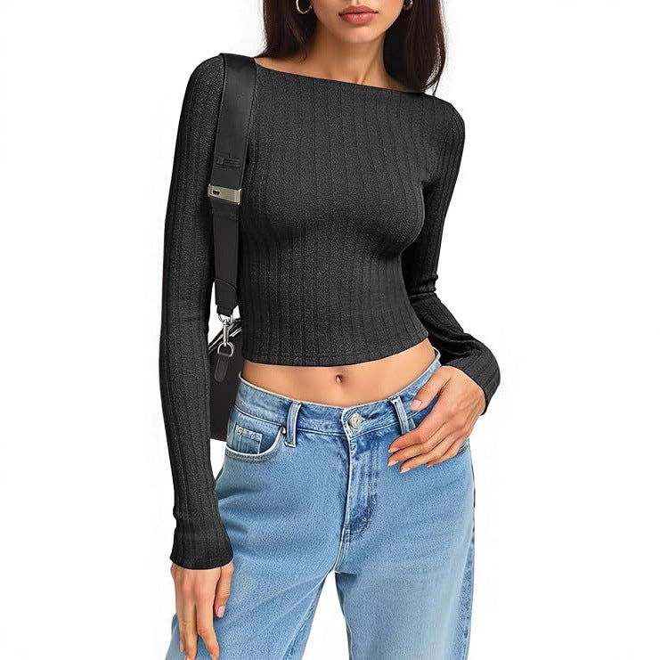 Damen Tailliertes Ripp-Cropped-Longsleeve mit U-Boot-Ausschnitt und Stretch-Baumwollmix Shop Nory