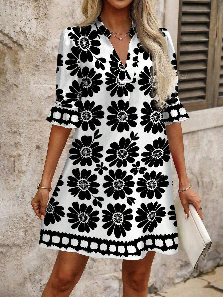 Damen Kurz A-Linien-Kleid mit V-Ausschnitt und großen Blumenmotiven Shop Nory