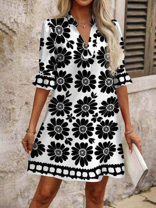 Damen Kurz A-Linien-Kleid mit V-Ausschnitt und großen Blumenmotiven Shop Nory