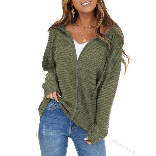 Damen Oversize Waffelstrick-Kapuzenpullover mit Reißverschluss Shop Nory