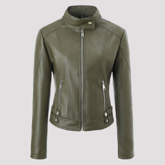 Damen Taillierte Kunstleder-Bikerjacke mit Stehkragen, vertikalen Ziernähten und seitlichen Schnallengurten Shop Nory