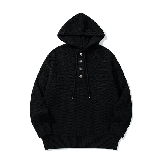 Unisex Strukturierter Kapuzen‑Strickpullover mit Henley‑Knopfleiste Shop Nory