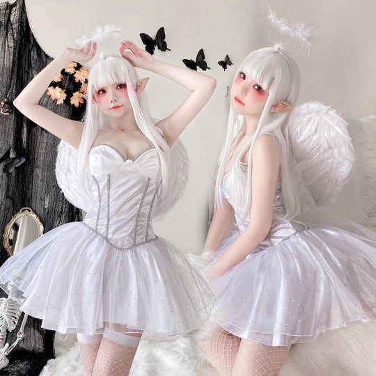 Damen Fantasy Engel-Kostüm mit transparentem Tüllrock und funkelnden Akzenten Shop Nory