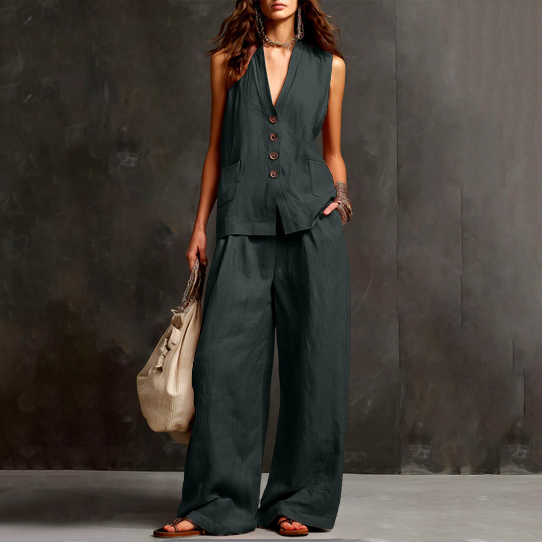 Damen Ärmelloses Longline-Westen und Palazzo-Hosen Set aus Leinenoptik Shop Nory