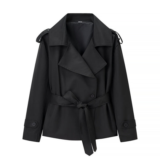 Damen Kurztrench mit doppelreihiger Knopfleiste, Taillengürtel und Schulterklappen Shop Nory