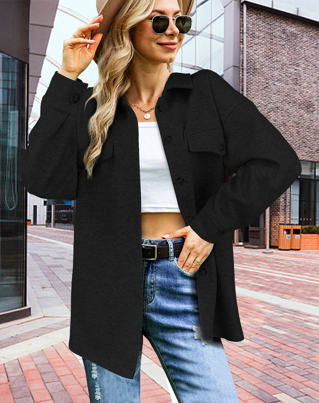Damen Longline Oversize Hemdjacke mit aufgesetzten Pattentaschen und Strukturstoff Shop Nory