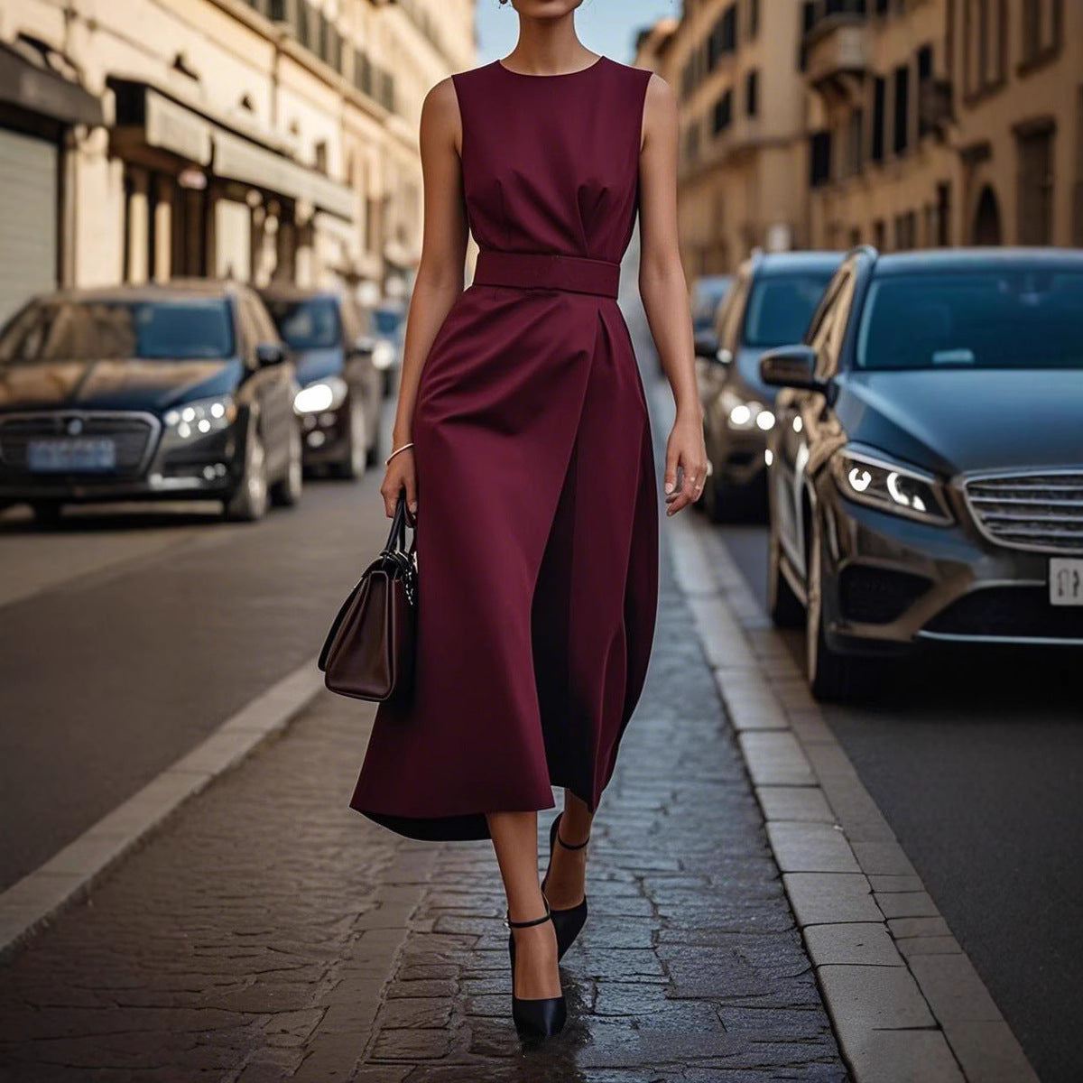 Elegantes Damen Maxikleid mit fließendem Schnitt & Taillengürtel