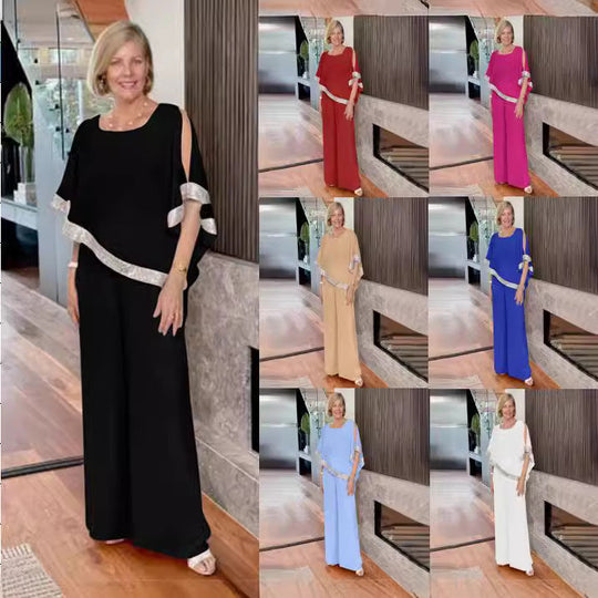 Damen elegantes Zweiteiler-Outfit mit luftiger Bluse und weitem Hosenstil Shopnory