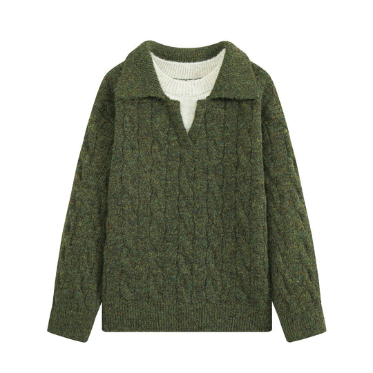 Damen Grobgestrickter Zopfmuster-Pullover mit offenem Polokragen und V‑Ausschnitt Shop Nory