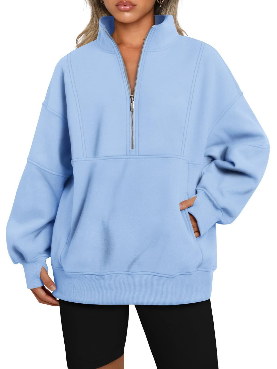 Damen Oversize-Sweatshirt mit halbem Reißverschluss, Stehkragen und Kängurutasche Shop Nory