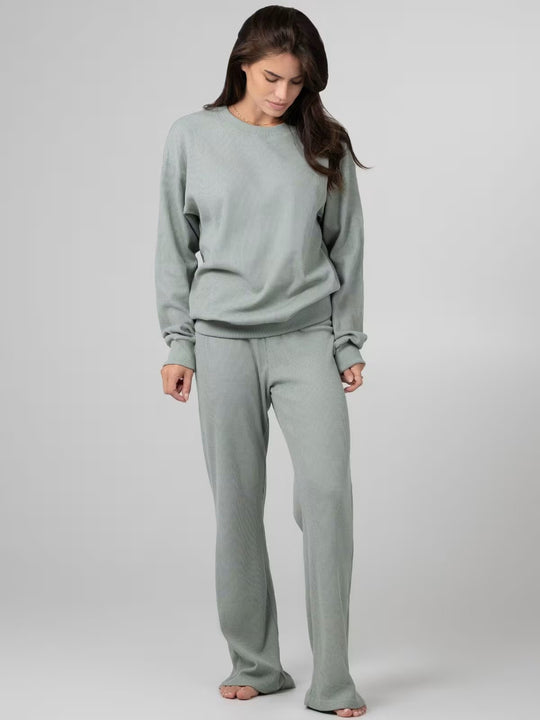 Damen geräumiges Waffelstrick-Loungewear-Set mit Rundhalsausschnitt und Tunnelzughose Shop Nory